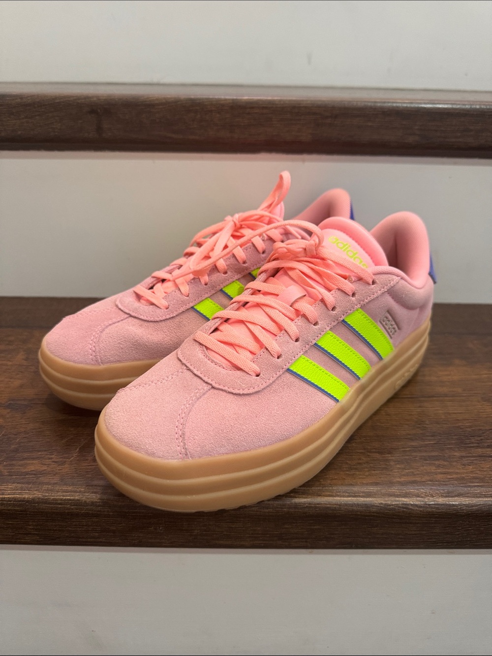adidas Pink Suede Sneakers with Neon Green Stripes and Gum Sole